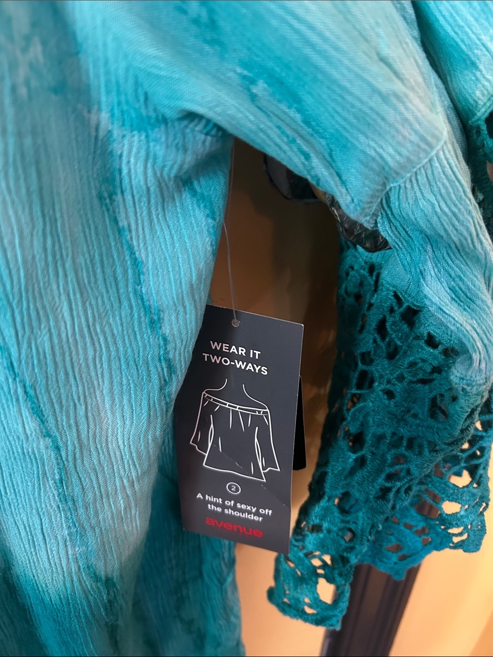 Avenue Teal Ombre Tie-Dye Peasant Tunic with Crochet Bell Sleeves - Picture 3 of 5